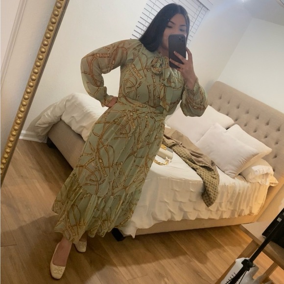 Lauren Ralph Lauren Womens Green Georgette Printed Tie Neck Midi Dress - Picture 4 of 4